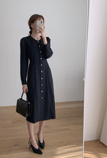 French Elegance Long Sleeve Round Neck Button Down Fitted Midi Dress