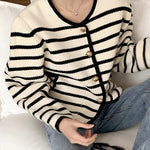 Round Neck Black & White Stripe Knitted Cardigan with Gold Buttons