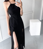 Deep Slit Halter Neck Sleeveless Maxi Dress with Shorts