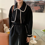 French Style Contrast Trim Double Face Wool Blend Belted Coat