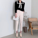 Knit Top with Double Layered Pointed Collar and Tie