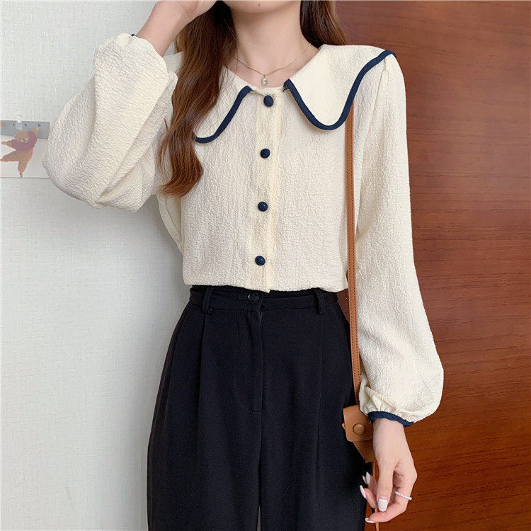 Large Collar Color Contrast Textured Blouse