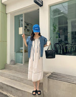 Denim Cardigan with Pleated Sling Dress Set