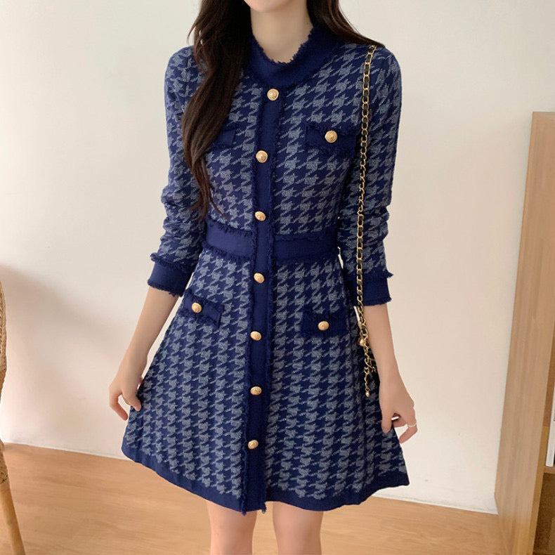 Classic Dark Blue Houndstooth Buttoned Knit Dress