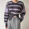 Round Neck Drop Shoulder Stripe Sweater with Gathered Waist and Slit