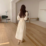 V-Neck Front Button Back Tie Pleated Chiffon Dress