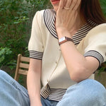 Short Sleeve Ivory Sweater Tee with Striped Trims and Sailor Collar