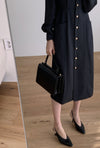 French Elegance Long Sleeve Round Neck Button Down Fitted Midi Dress