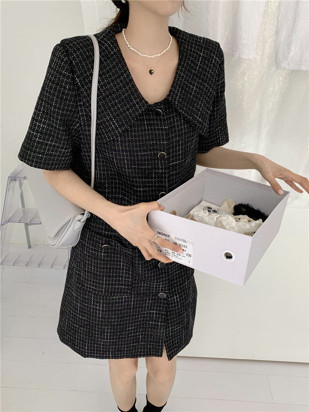 Short Sleeve Plaid Tweed Shift Dress with Oversized Collar