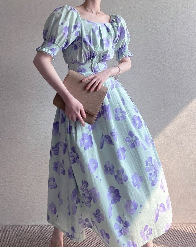 Purple Flower Belted Dress