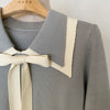 Knit Top with Double Layered Pointed Collar and Tie