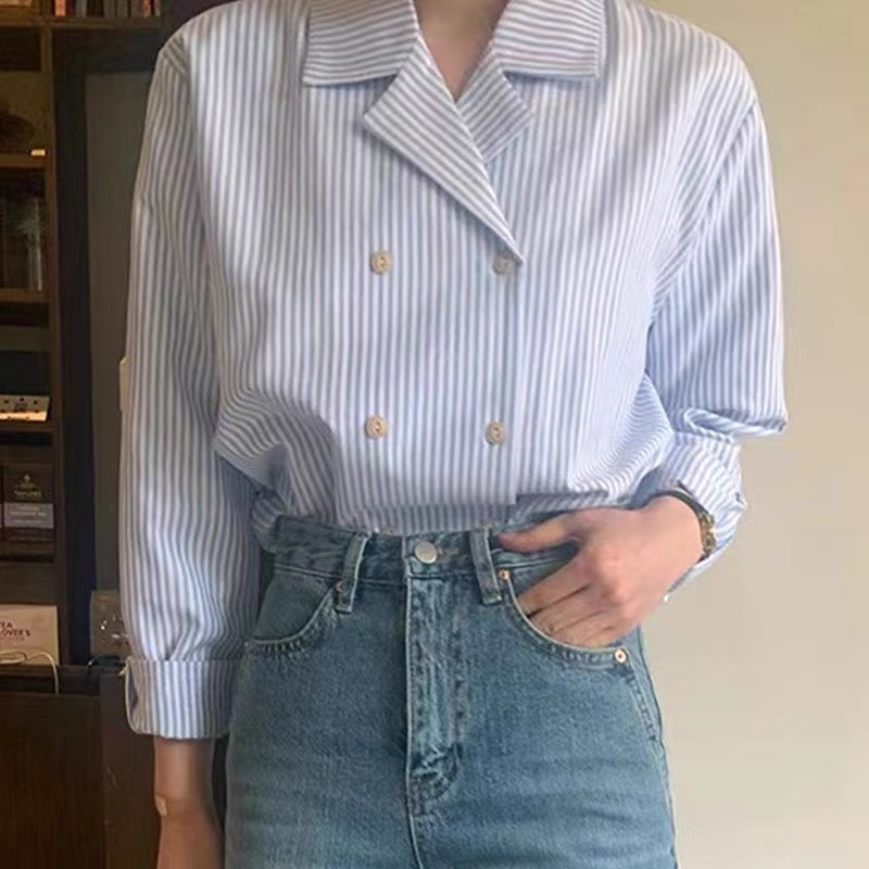 Blue Stripe Double Breasted Cotton Blouse