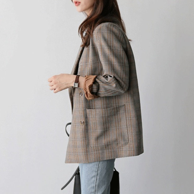 Korean Style Casual A-Line Blazer in Brown Plaids