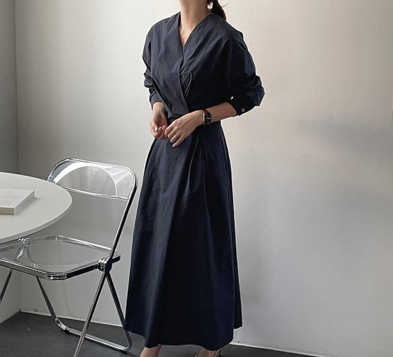 Minimalist Faux Wrap V-Neck Cotton Midi Dress