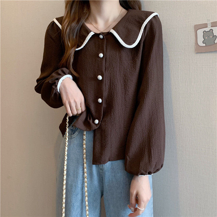 Large Collar Color Contrast Textured Blouse