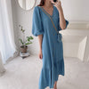 Relaxed V-Neck Button Down Denim Color Cotton Dress