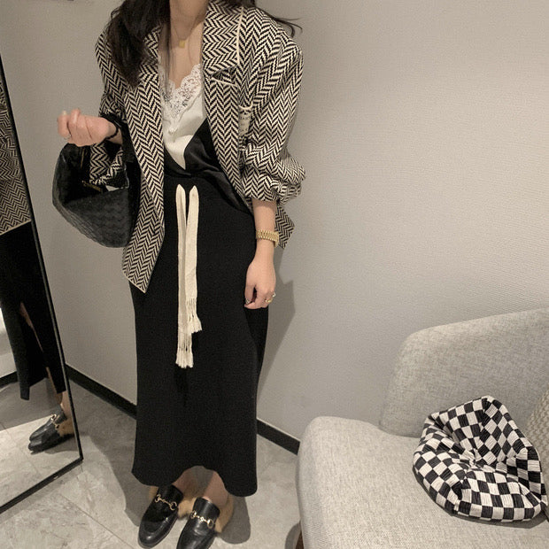 Oversized Double-Breasted Herringbone Pattern Cardigan / Cape