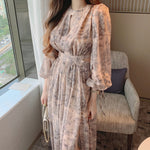 Long Sleeve Chiffon Maxi Dress with Cutout Waist and Side Slit