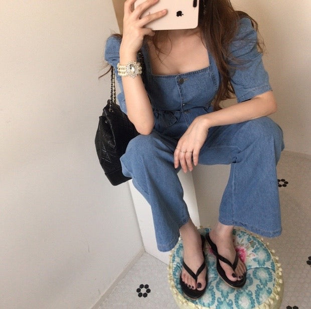 Square Neck Belted Denim Jumpsuit