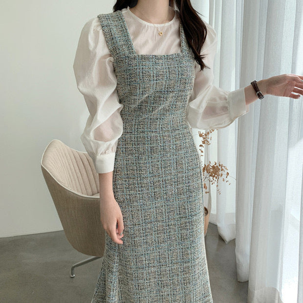 Color Tweed Midi Fishtail Strap Dress