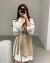 Color Block Metal Ring Belted Shirt Dress