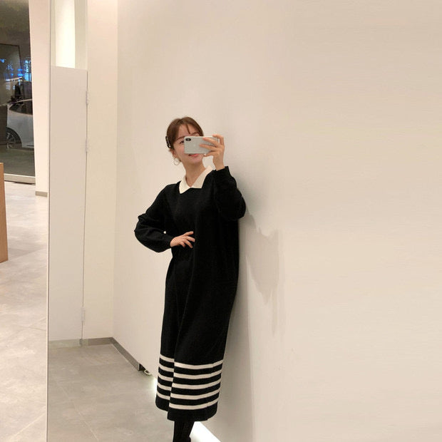 Korean Style White Collar Polo Knitted Dress with Stripes