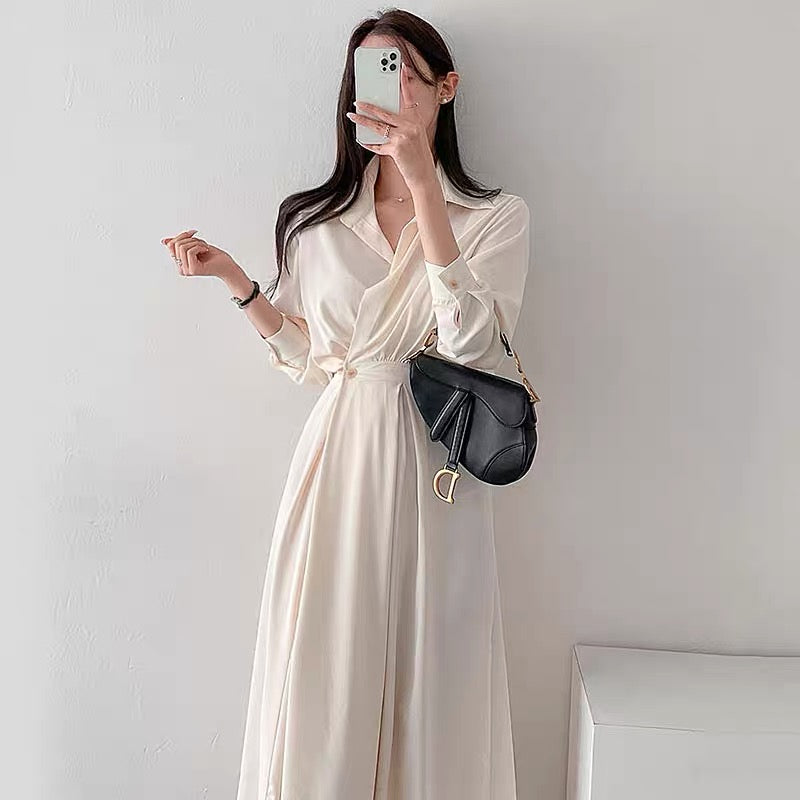 Long Sleeve Chiffon One Button Shirt Dress