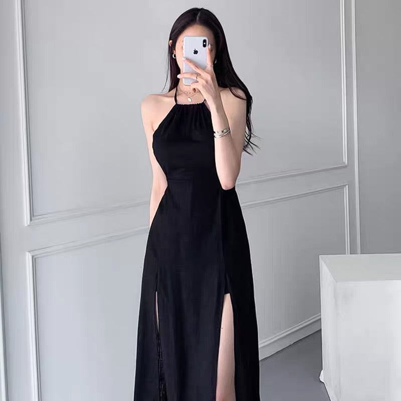 Deep Slit Halter Neck Sleeveless Maxi Dress with Shorts