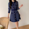 Classic Dark Blue Houndstooth Buttoned Knit Dress