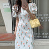 Tulip Print Short Sleeve Double V-Neck Midi Dress