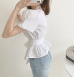 Puffed Short Sleeve Belted Shirt