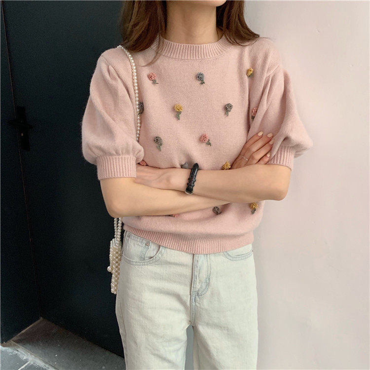 3D Flower Crew Neck Knitted Sweater