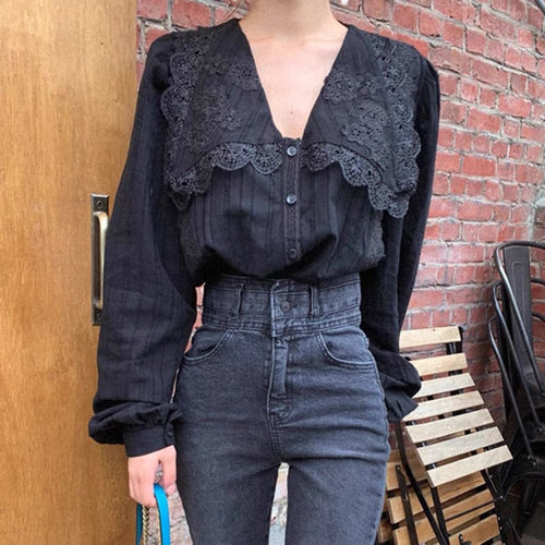 Lace Overlay Black Blouse with Oversized Collar