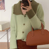 Two Tone Color Contrast Cardigan with Oversized Collar