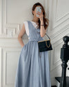 Denim V-Neck Strap Pullover Midi Dress