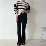 Round Neck Drop Shoulder Stripe Sweater with Gathered Waist and Slit