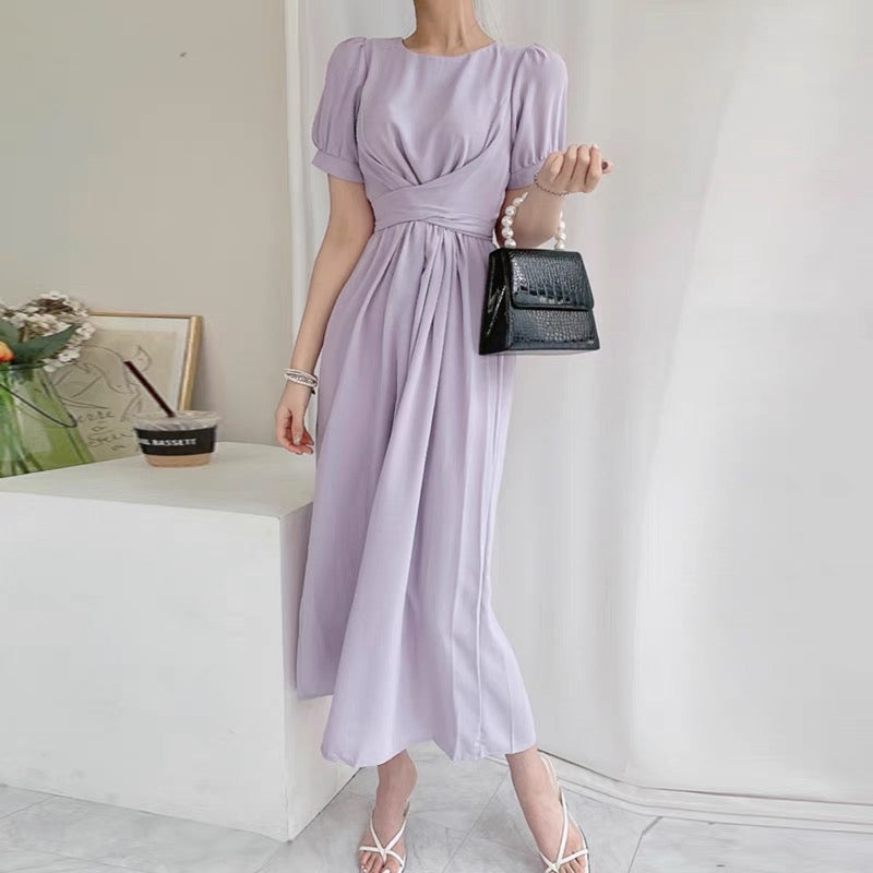 Cross-Over Waist Sash Short Sleeve Midi Dress