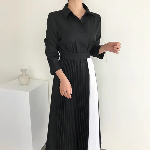 Two Tone Color Block Pleated Long Sleeve Shirt Dress