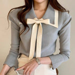 Knit Top with Double Layered Pointed Collar and Tie