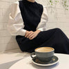 Round Neck Color Contrast Belted Knit Dress with Balloon Shirt Sleeves