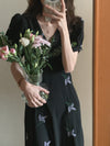 Short Sleeve V-Neck Black Chiffon Dress with Lavender Embroidery