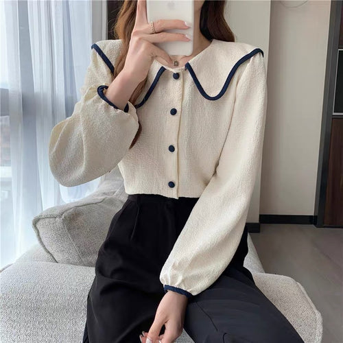 Large Collar Color Contrast Textured Blouse