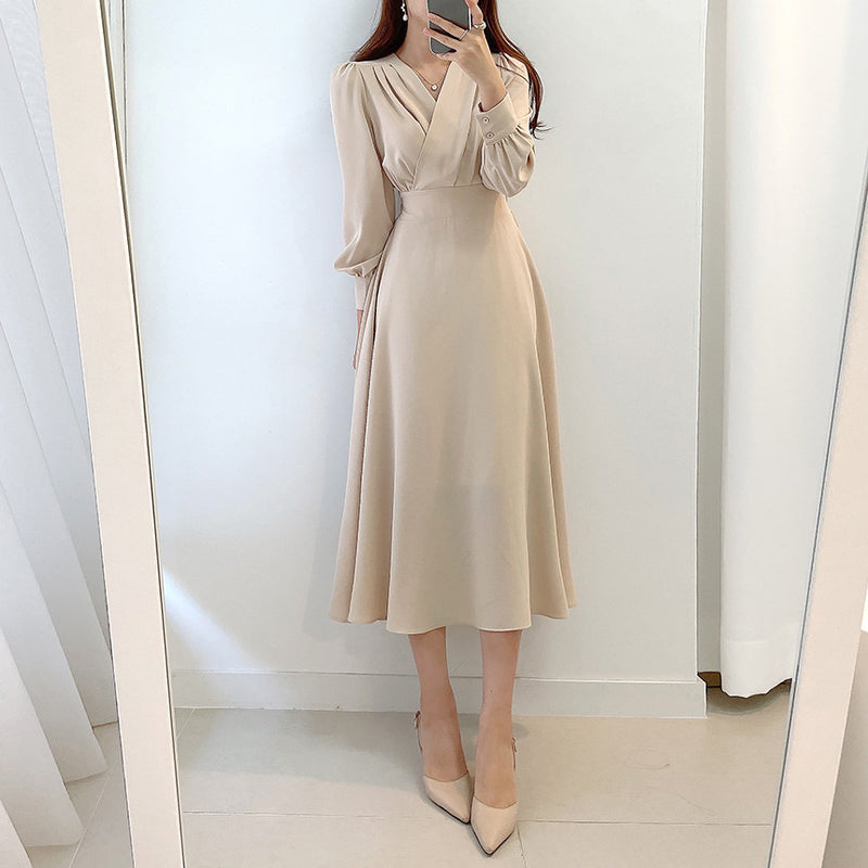 V-Neck Chest Pleated Chiffon Midi Dress