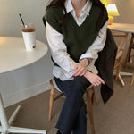 Korean Style White Shirt with Knitted V-Neck Vest