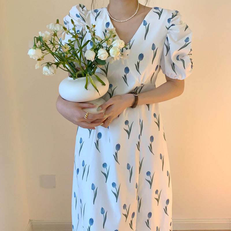 Tulip Print Short Sleeve Double V-Neck Midi Dress