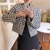 V-Neck Collarless Houndstooth Jacket with Pearly Buttons