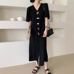 Designer Minimalist V-Neck Maxi Dress with Geometric Buttons