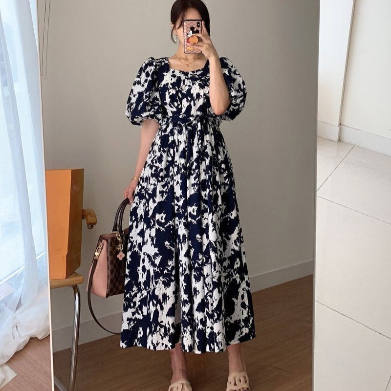 Watercolor Print Puffed Sleeves Dress with Back Details