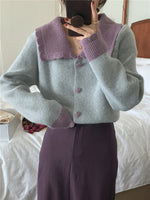 Two Tone Color Contrast Cardigan with Oversized Collar