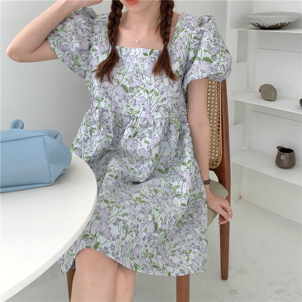 3D Floral Summer Babydoll Mini Dress with Square Neck